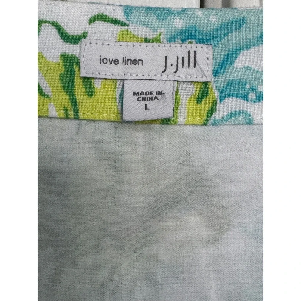 J. Jill Love Linen Sea Turtle Coral Print V-Neck Shift Dress Blue Green Large